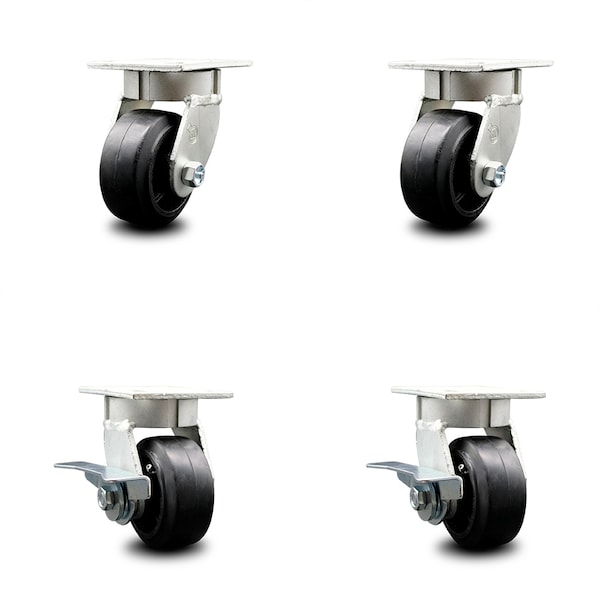 4 Inch Kingpinless Rubber on Steel Wheel Swivel Caster Set with 2 Brakes SCC